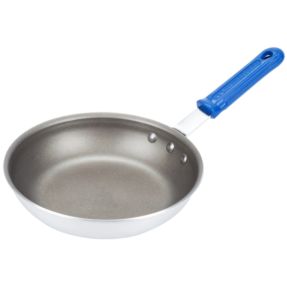 Vollrath 8-inch Wear-Ever fry pan with blue Cool Handle silicone sleeve
