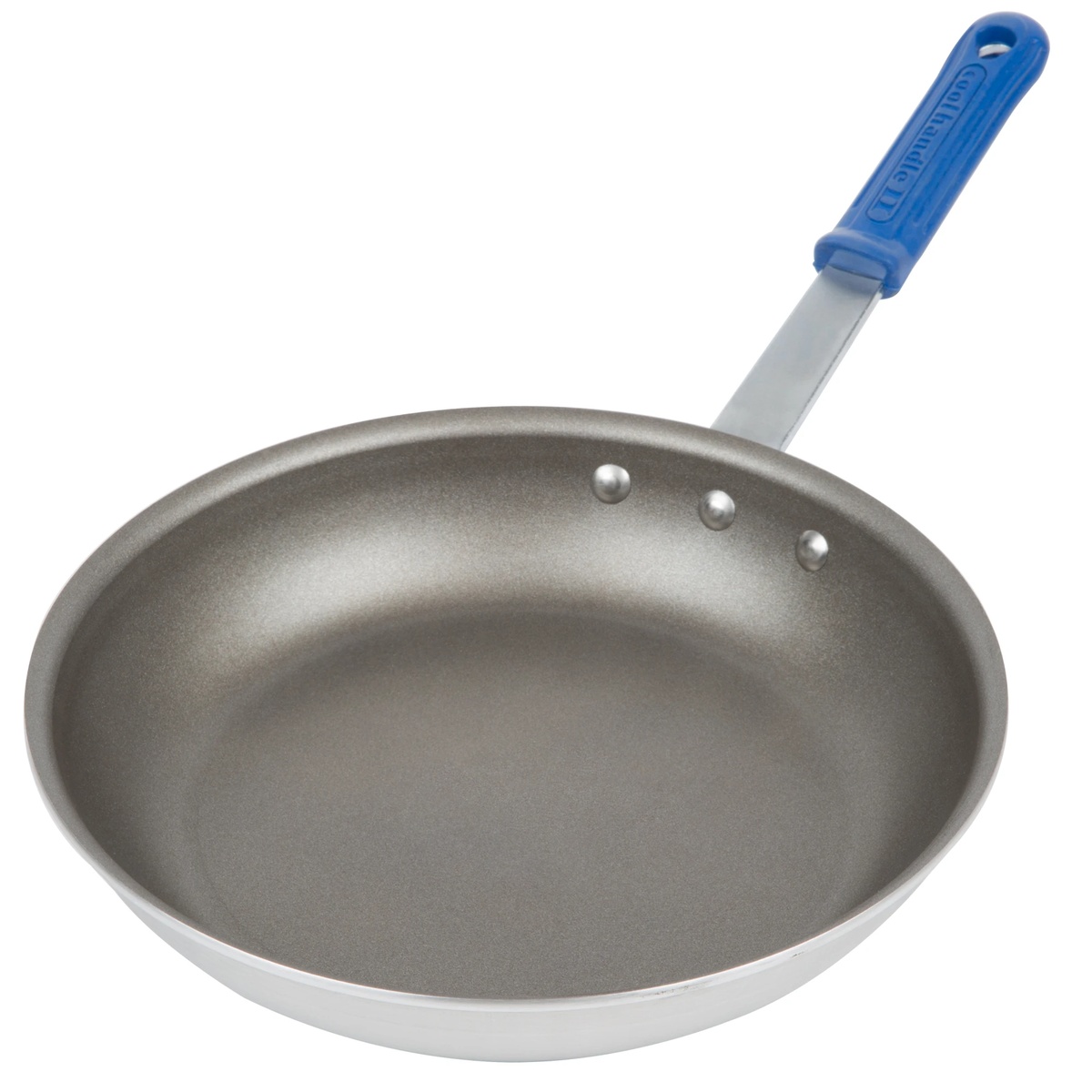 Vollrath Wear-Ever 10-inch aluminum fry pan with PowerCoat2 nonstick interior and blue Cool Handle silicone grip