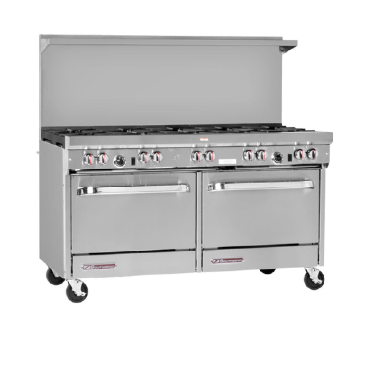 Southbend S-Series 60 inch gas range with griddle, open burners, and double oven base