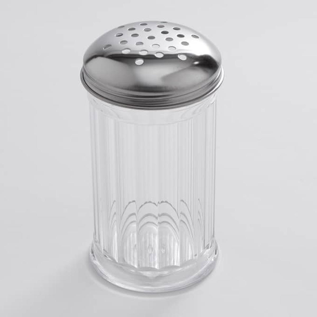 American Metalcraft SAN312 12 oz clear fluted SAN plastic cheese shaker with perforated stainless steel dome lid