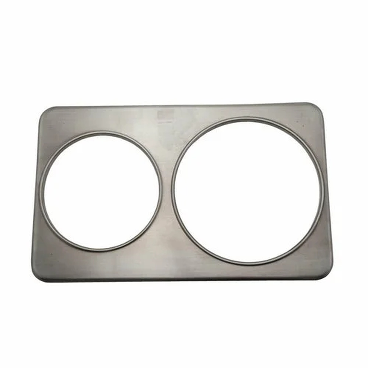 Libertyware SAP810 stainless steel adapter plate with two circular cutouts of different sizes on a white background