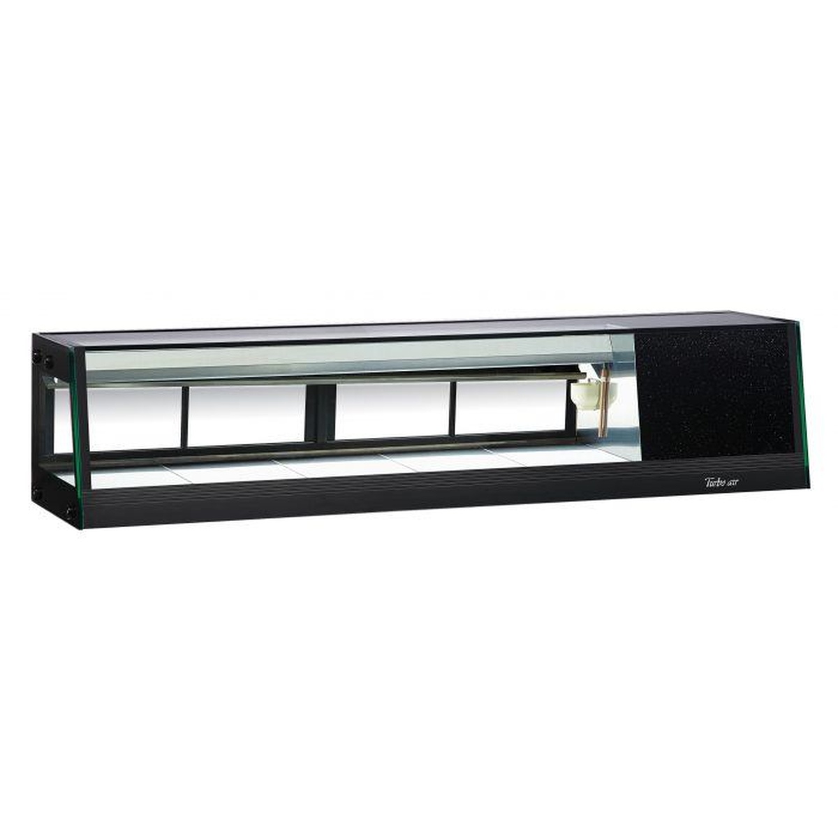 Turbo Air SAS-60L-N 59-inch refrigerated sushi display case with straight front glass and black exterior, open interior view