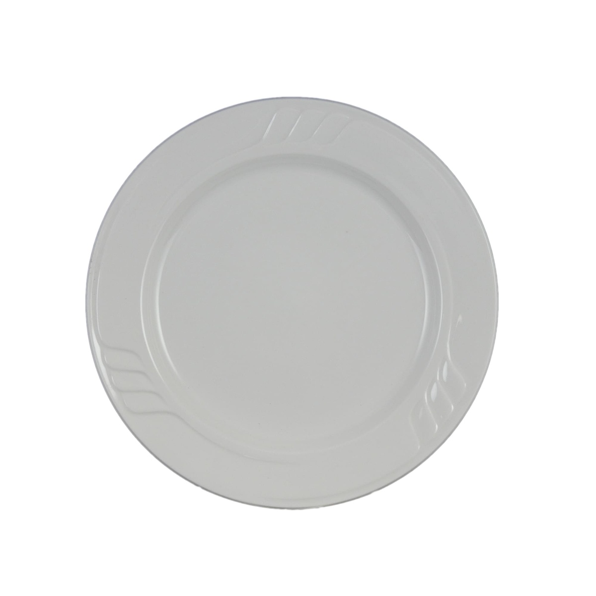 Vertex China SAU-9 Sausalito 9.75-inch white round plate with embossed sculpted lines on wide rim, top-down view