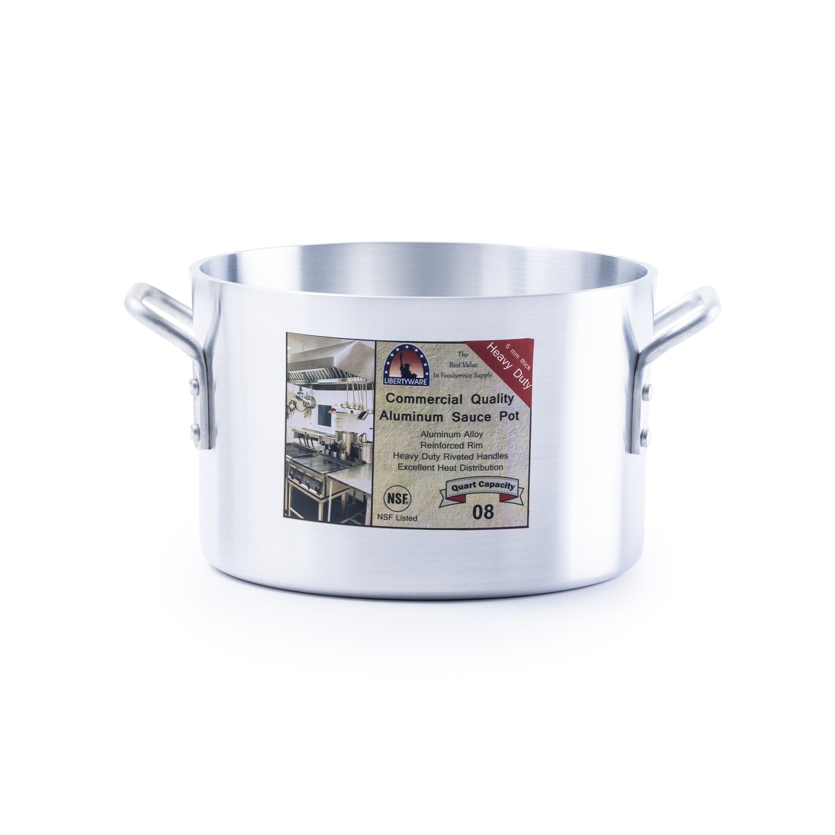 Libertyware SAU08H 8-quart aluminum sauce pot with retail label showing NSF certification and 8 qt capacity