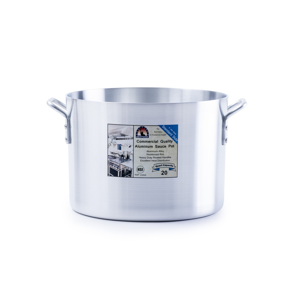 Libertyware SAU20 20-quart aluminum sauce pot with retail label showing NSF certification and 20-quart capacity