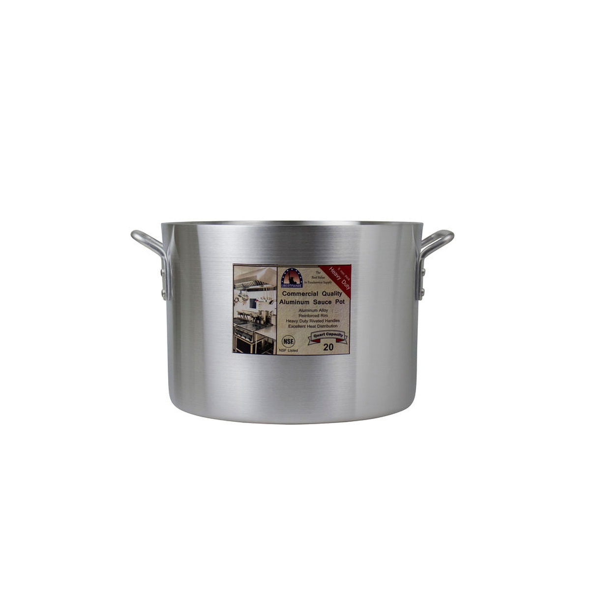Libertyware SAU20H 20 quart heavy duty aluminum sauce pot with retail label showing NSF certification and quart capacity