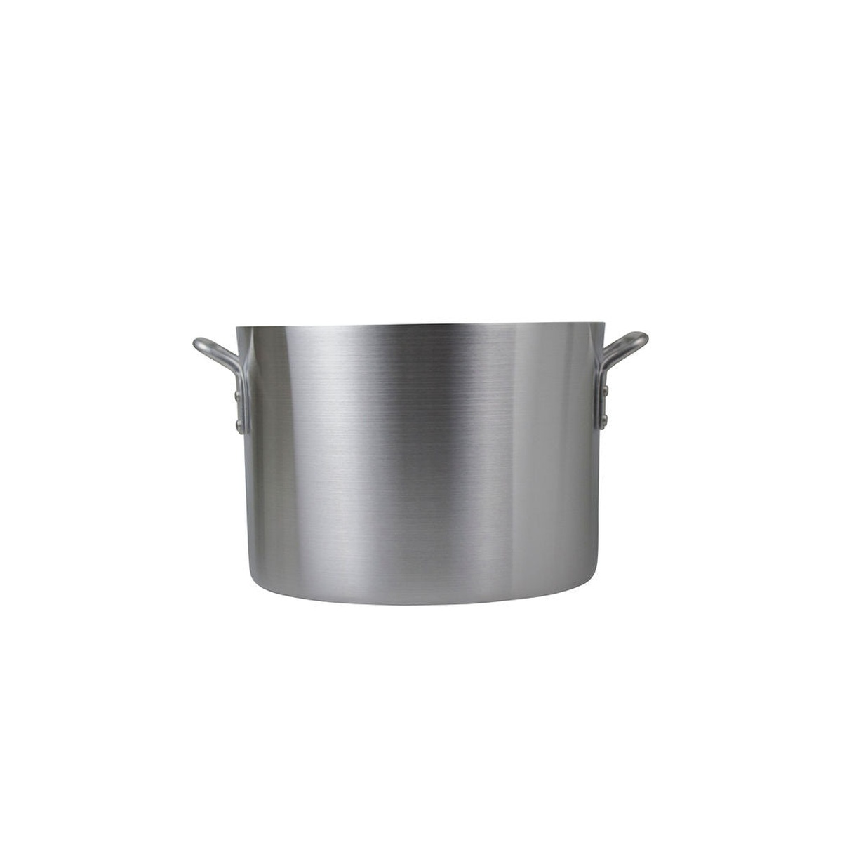 Libertyware SAU20H 20 quart aluminum sauce pot showing riveted side handles and brushed aluminum exterior
