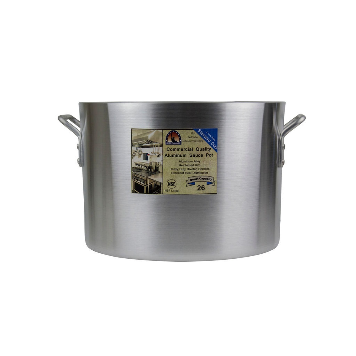 Libertyware SAU26 26-quart aluminum sauce pot front view with commercial quality label