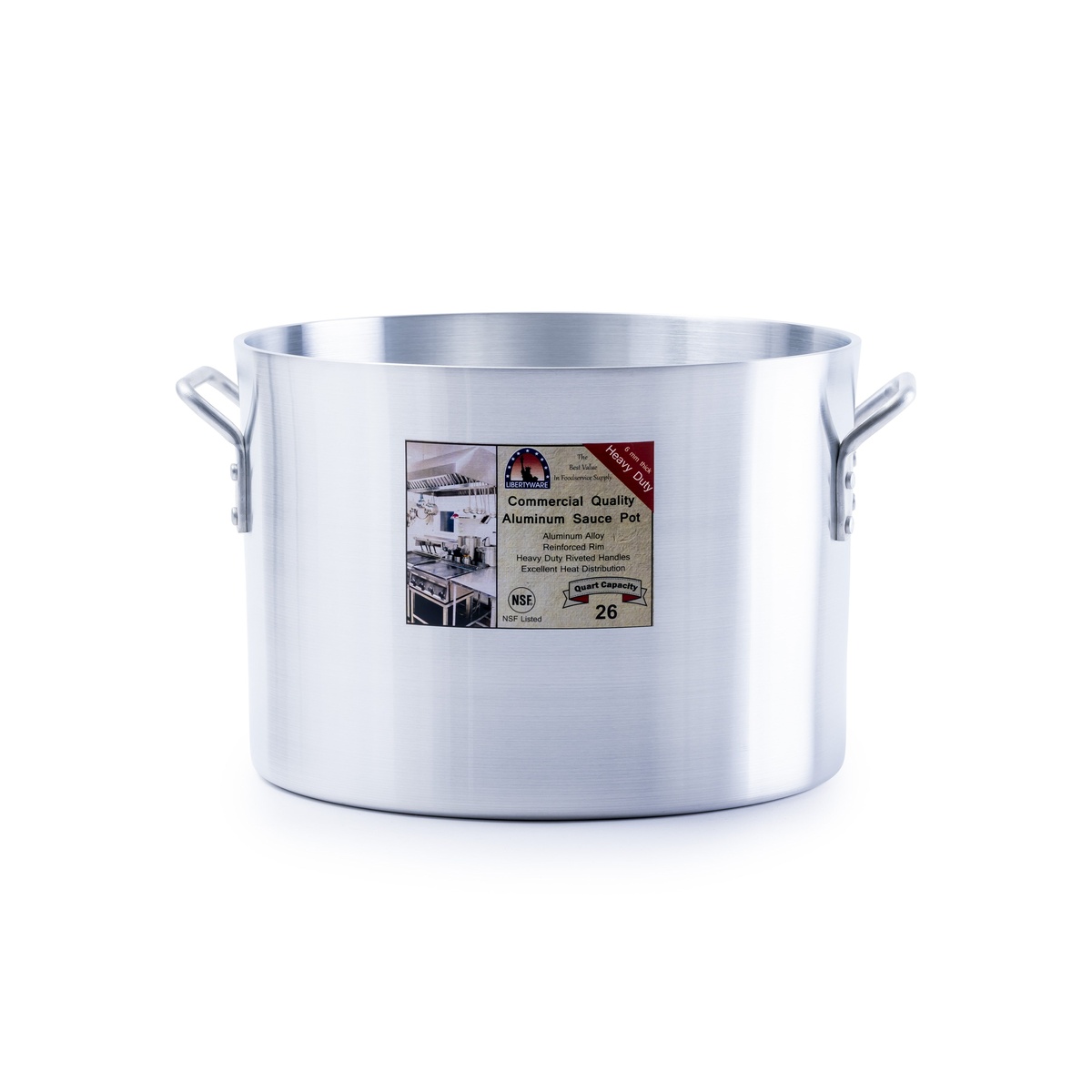 Libertyware SAU26H 26-quart aluminum sauce pot with retail label showing NSF listing and quart capacity