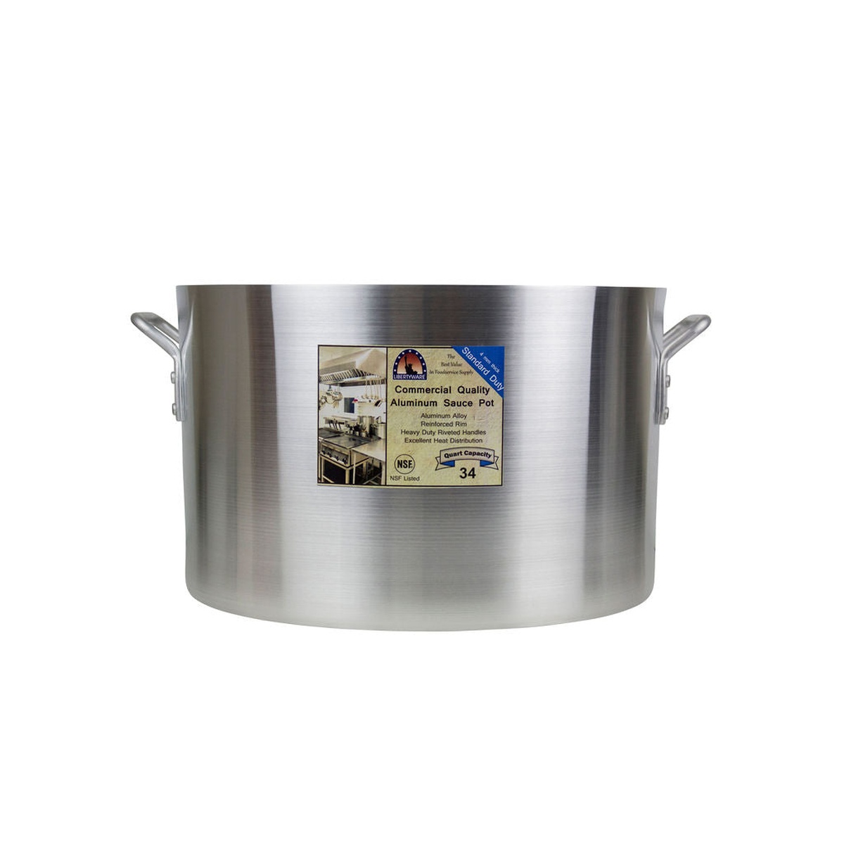 Front view of the Libertyware SAU34 sauce pot with commercial quality label