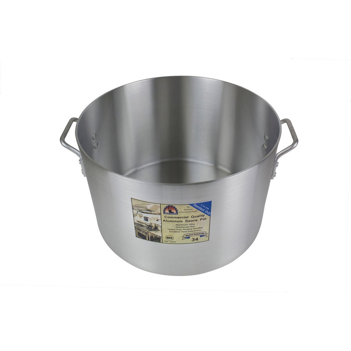 Angled top view of the 34 quart aluminum sauce pot showing the interior and riveted handles