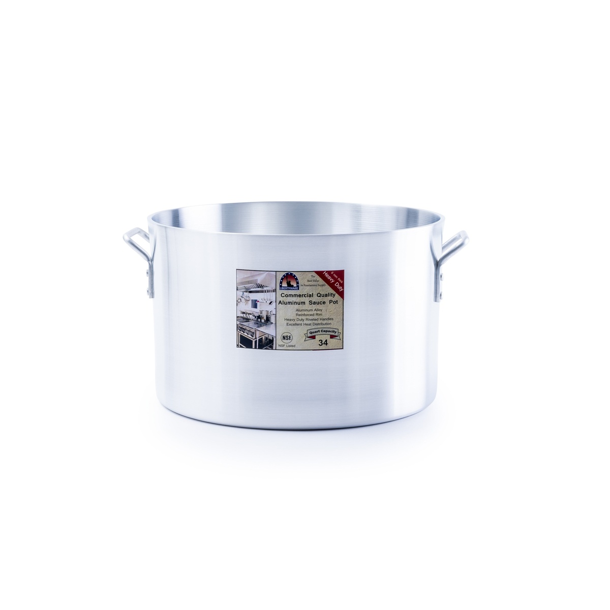 Libertyware SAU34H 34-quart heavy duty aluminum sauce pot with retail label showing NSF certification and quart capacity