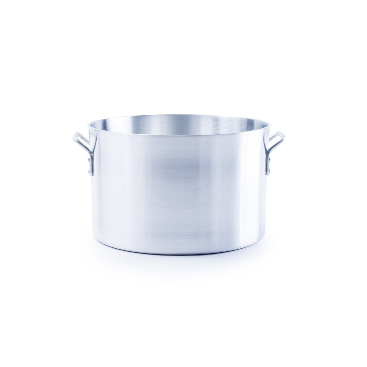 Libertyware SAU34H 34-quart aluminum sauce pot showing riveted handles and brushed aluminum exterior