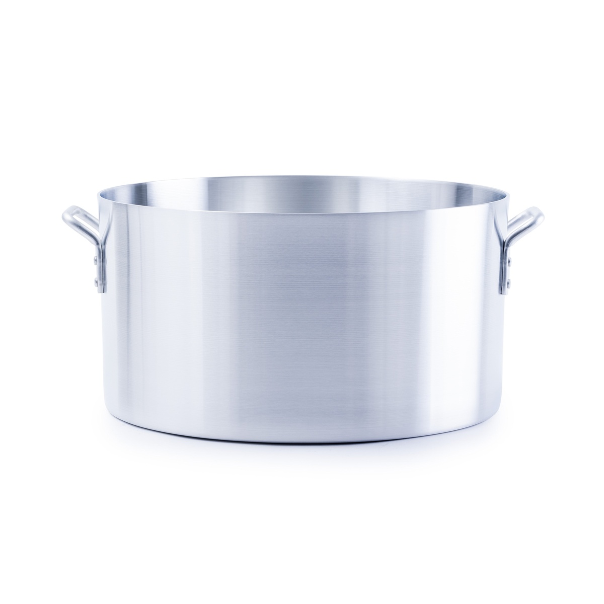 Side view of Libertyware 40 quart aluminum sauce pot showing riveted handles