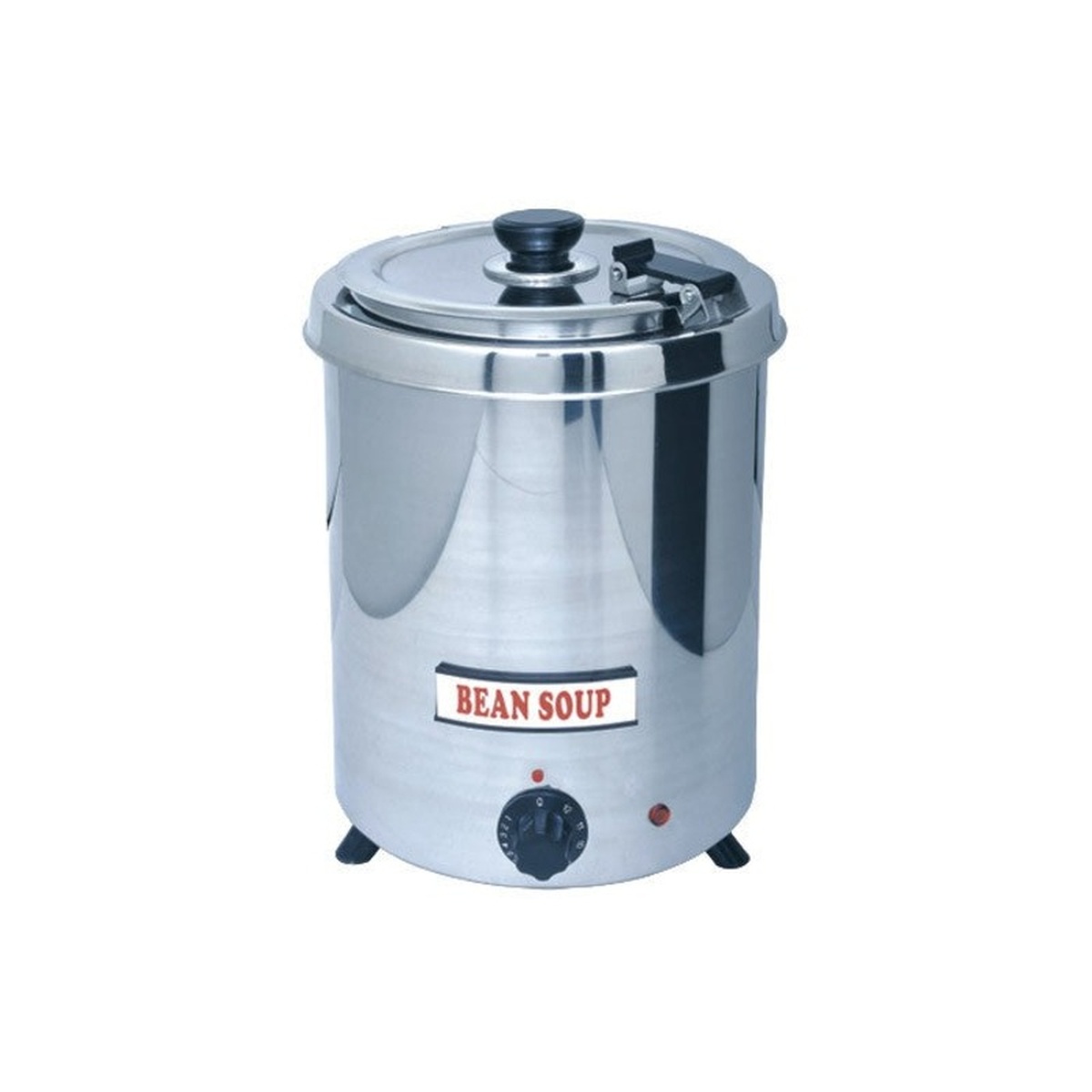 SB-5700S Enhanced stainless steel soup kettle with hinged lid, Bean Soup label, temperature control knob, and rubber feet on white background