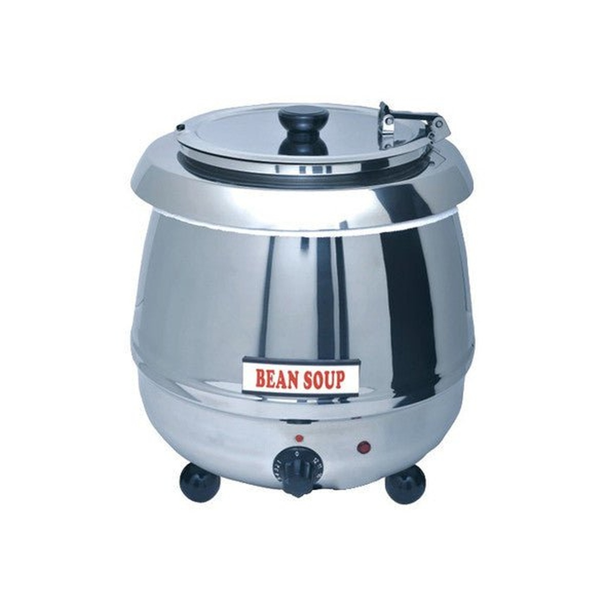 SB-6000S Enhanced stainless steel soup kettle with hinged lid, temperature control knob, and indicator light on white background