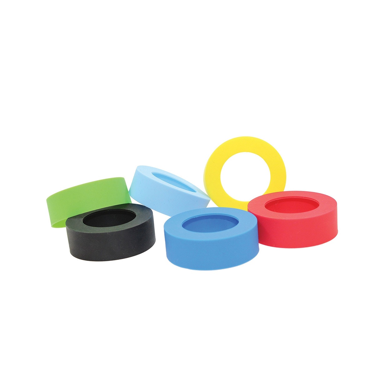 Six assorted silicone sauce bands in green, black, light blue, blue, yellow, and red colors arranged on a white background