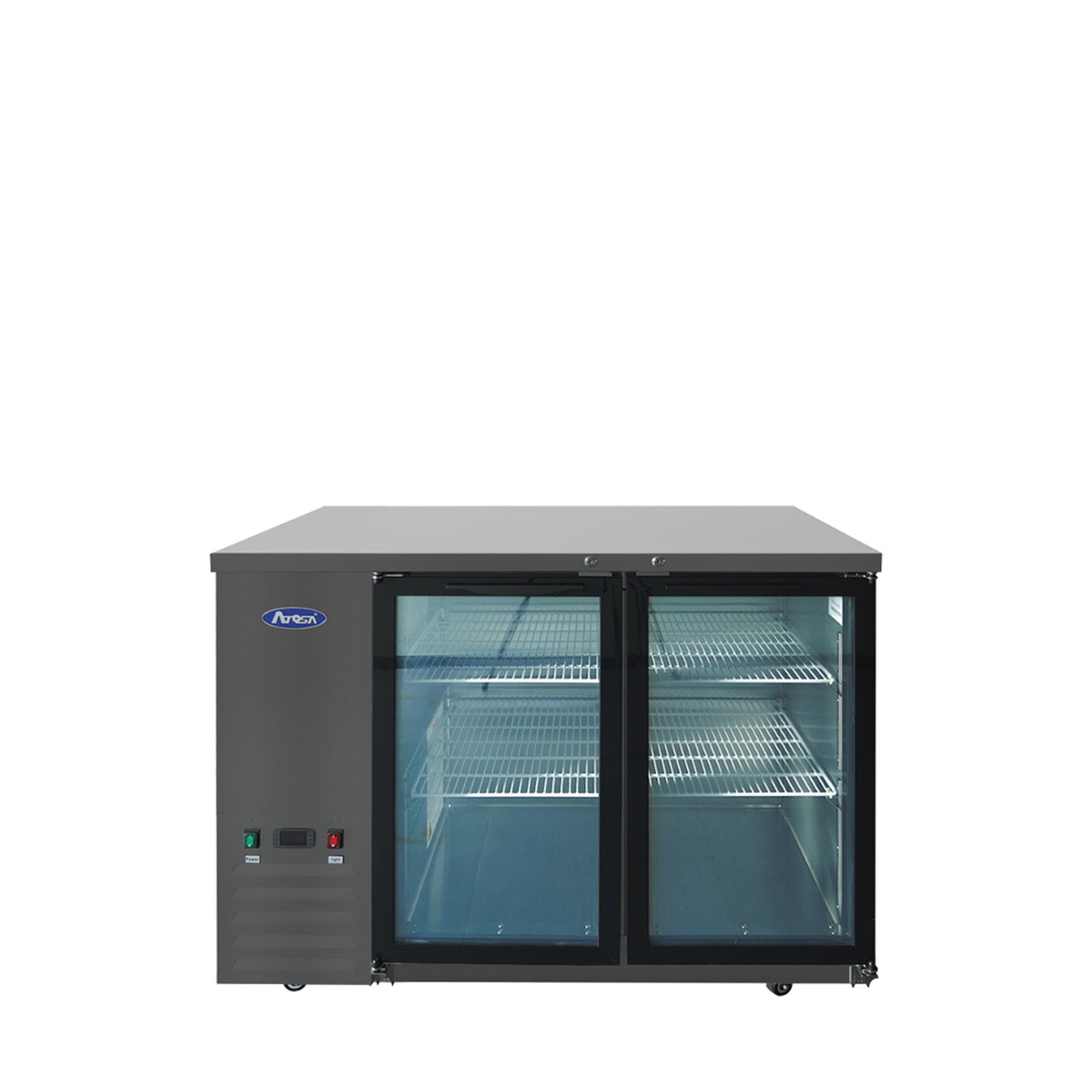 Atosa SBB48GGRAUS2 48-inch black shallow depth back bar cooler, front view showing two glass doors and epoxy coated wire shelves