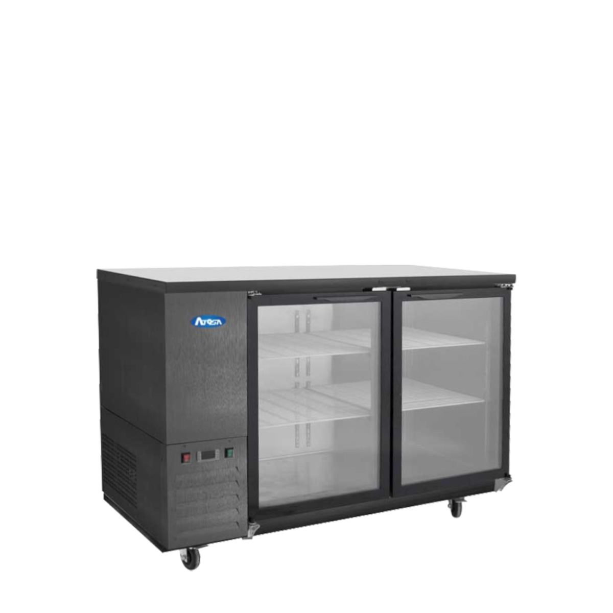 Atosa SBB48GGRAUS2 back bar cooler, three-quarter angled view showing side-mounted compressor, casters, and glass door storage interior
