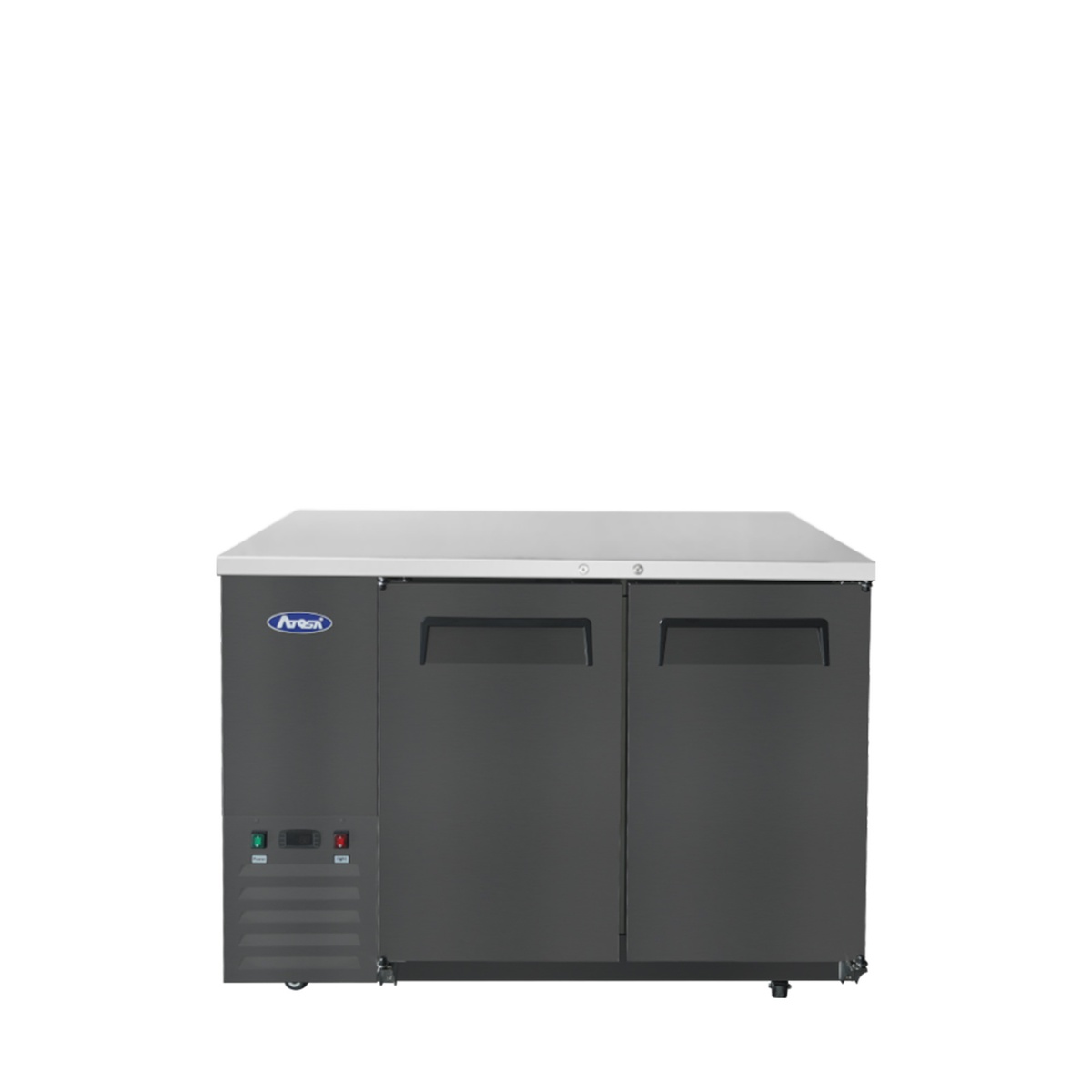 Atosa SBB48GRAUS2 48-inch black shallow depth back bar cooler, front view with stainless steel top