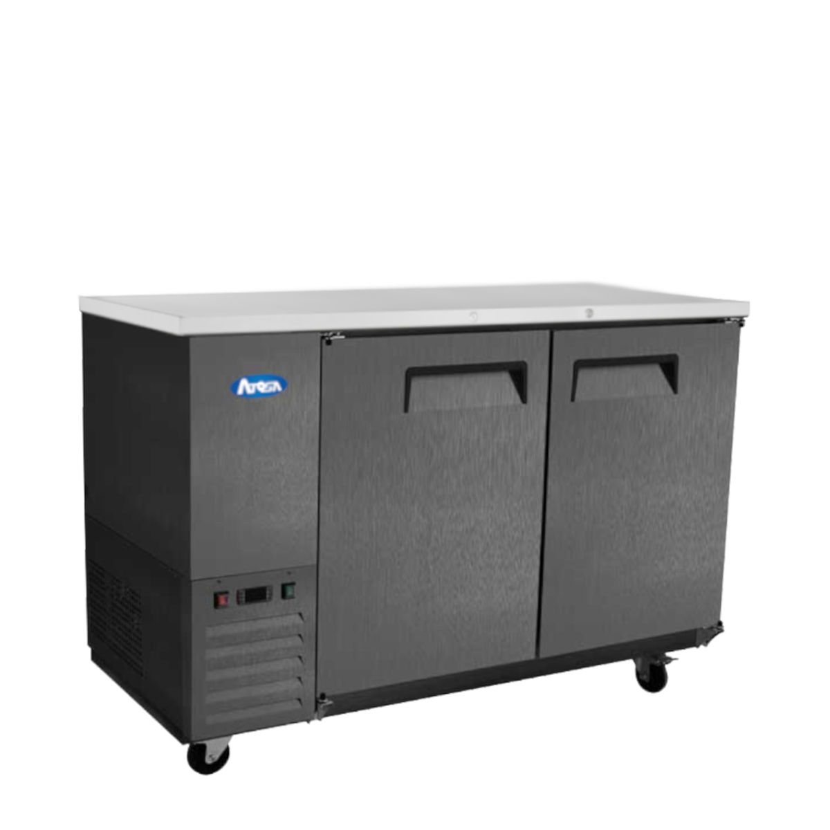 Atosa SBB48GRAUS2 back bar cooler angled view showing casters, recessed handles, and side-mounted compressor