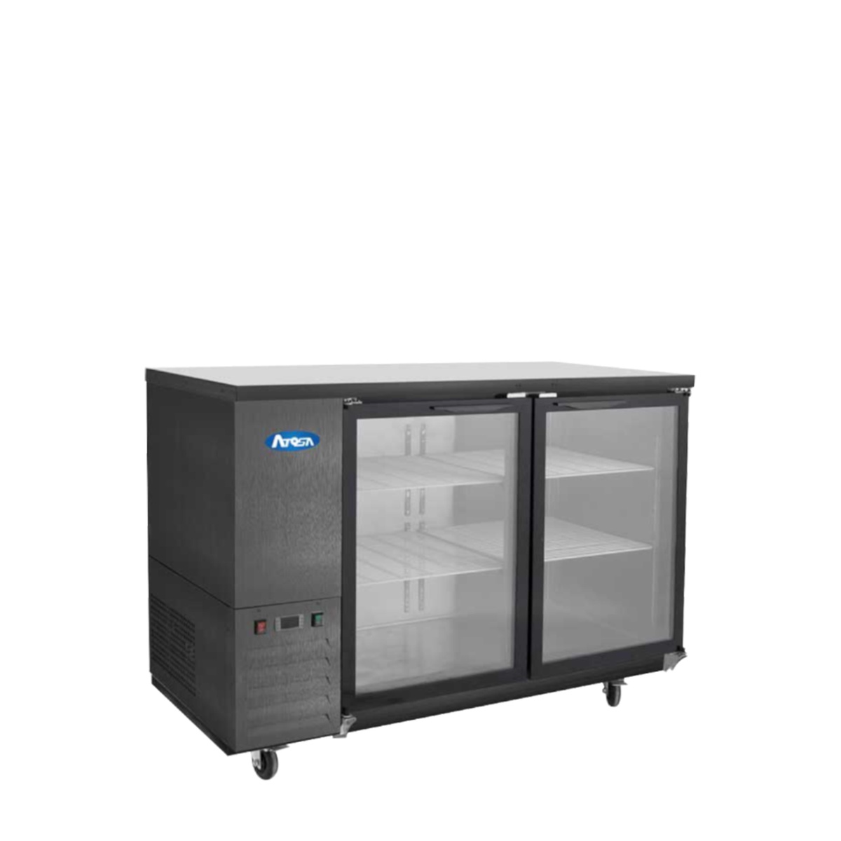 Atosa SBB59GGRAUS2 back bar cooler, angled view showing side-mounted refrigeration