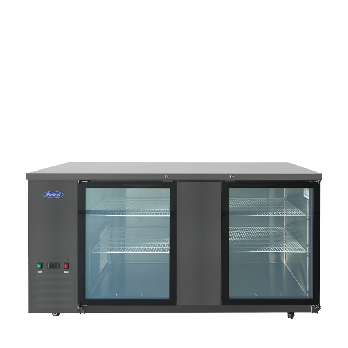 Atosa SBB69GGRAUS2 69-inch black back bar cooler front view showing two glass doors and wire shelving