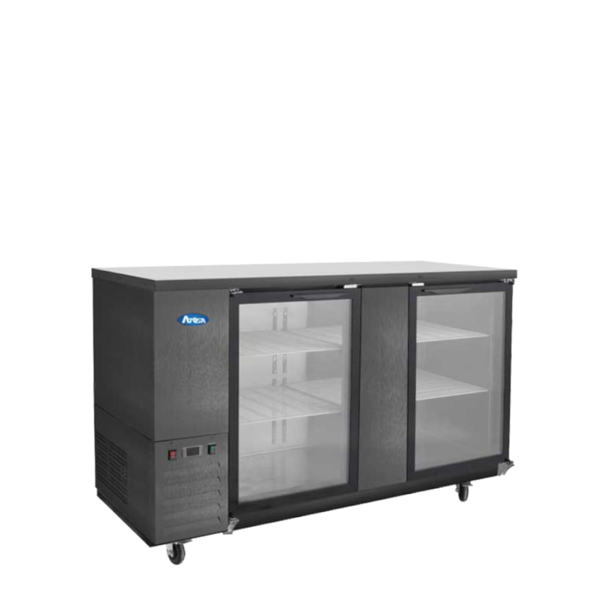 Atosa SBB69GGRAUS2 back bar cooler angled view showing black cabinet, glass doors, and caster wheels