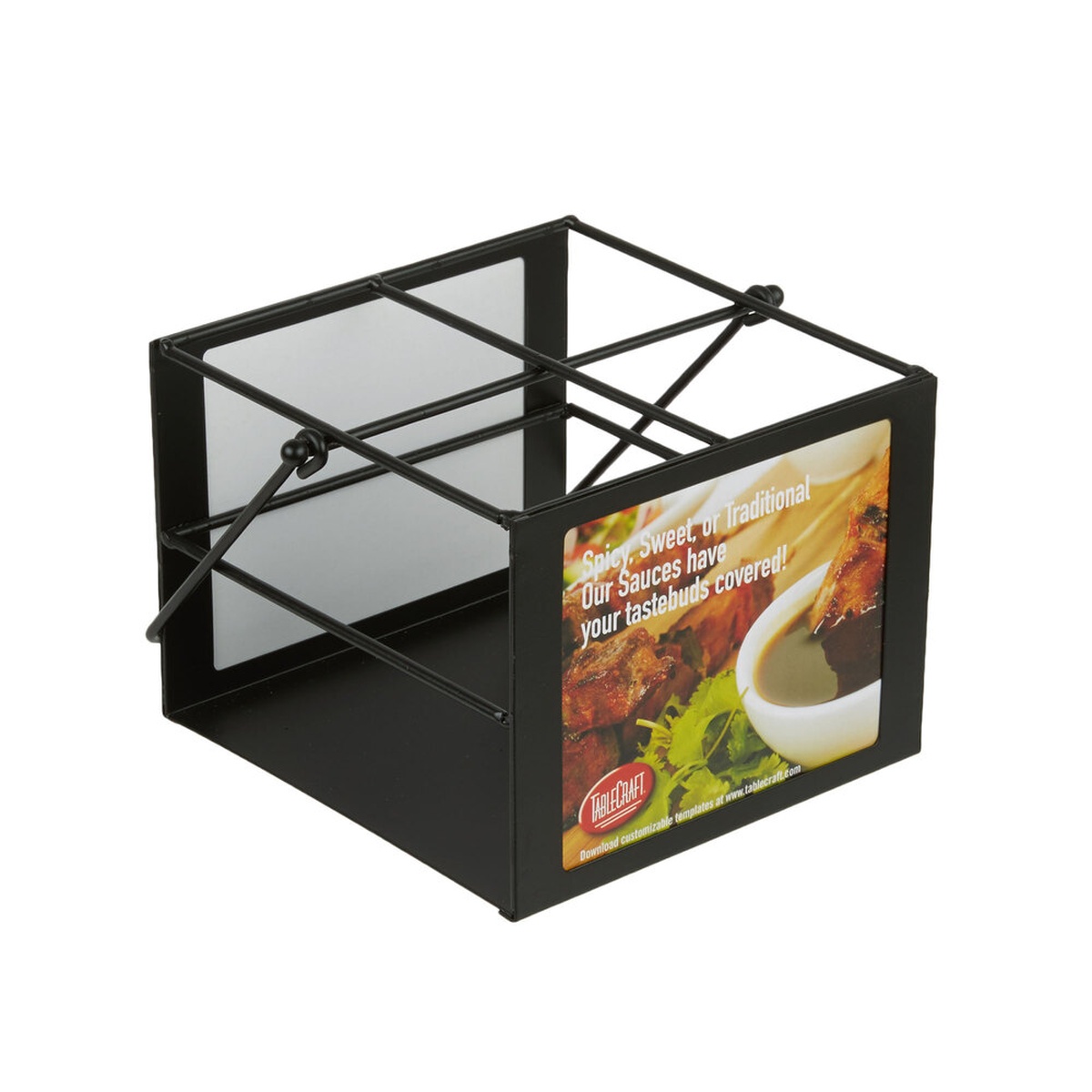 TableCraft SBC4 black powder-coated 4-compartment squeeze bottle caddy with retractable handle and insertable graphic card