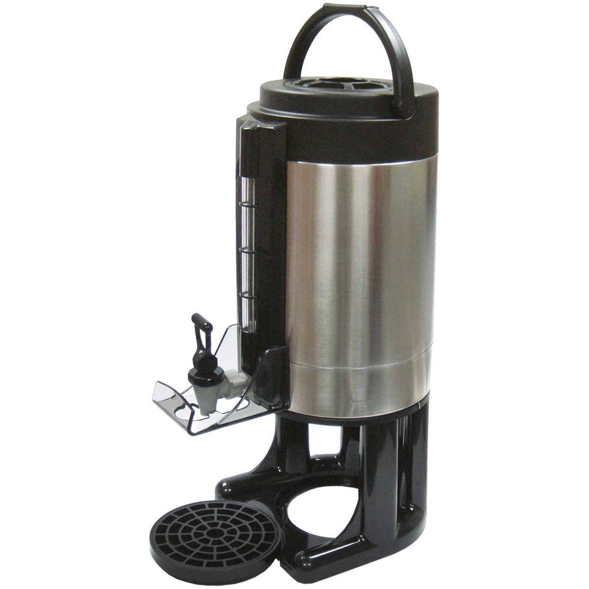 Winco SBD-1.5 1.5 Gallon Gravity Beverage Dispenser with stainless steel body, black plastic stand, sight glass, Tomlinson faucet with guard, and brew-thru lid