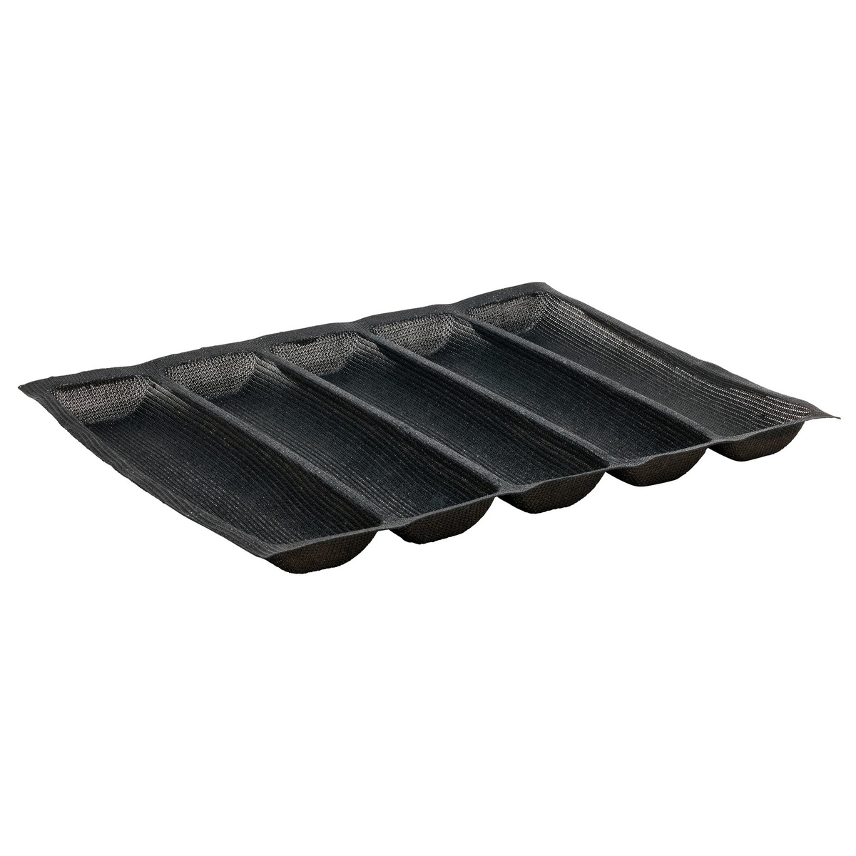 Winco SBF-5K black silicone 5-roll bread form with five rectangular molds on white background