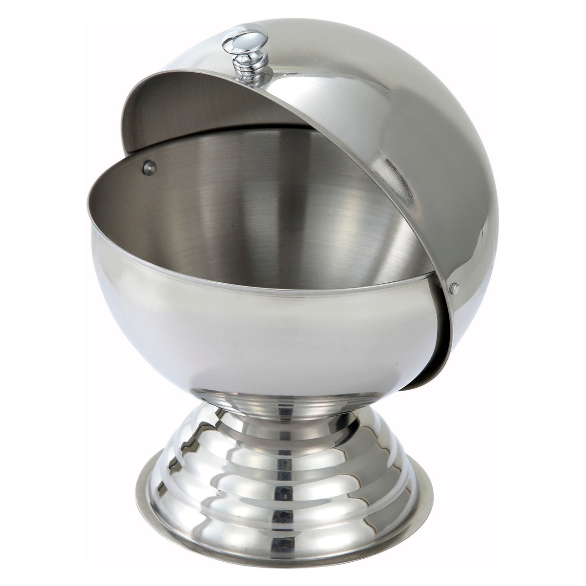 Winco SBR-30 stainless steel roll-top sugar bowl open on a white background, showing footed base and hinged spherical lid