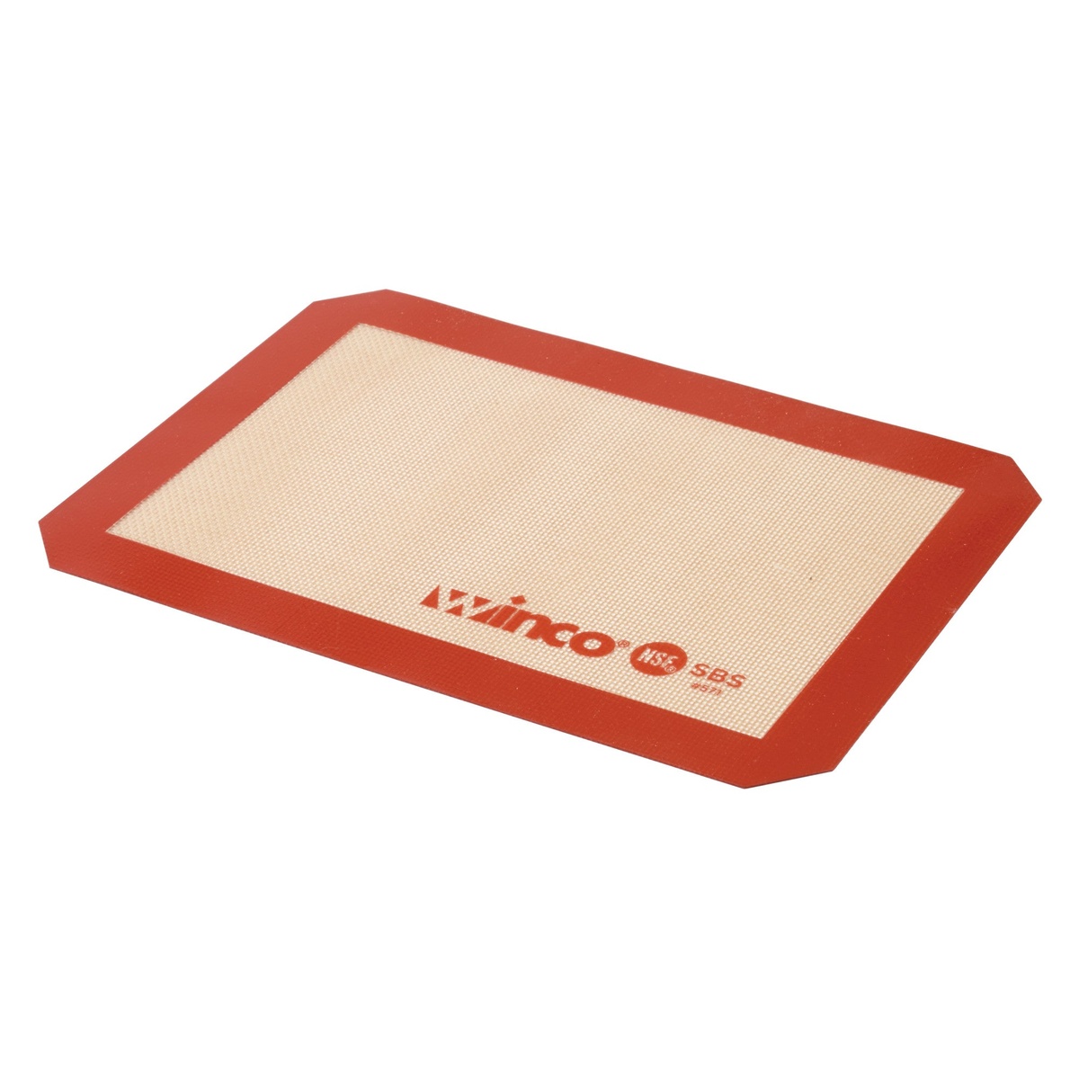 Winco SBS-11 silicone baking mat angled view showing thickness, red silicone edge, and woven fiberglass cooking surface