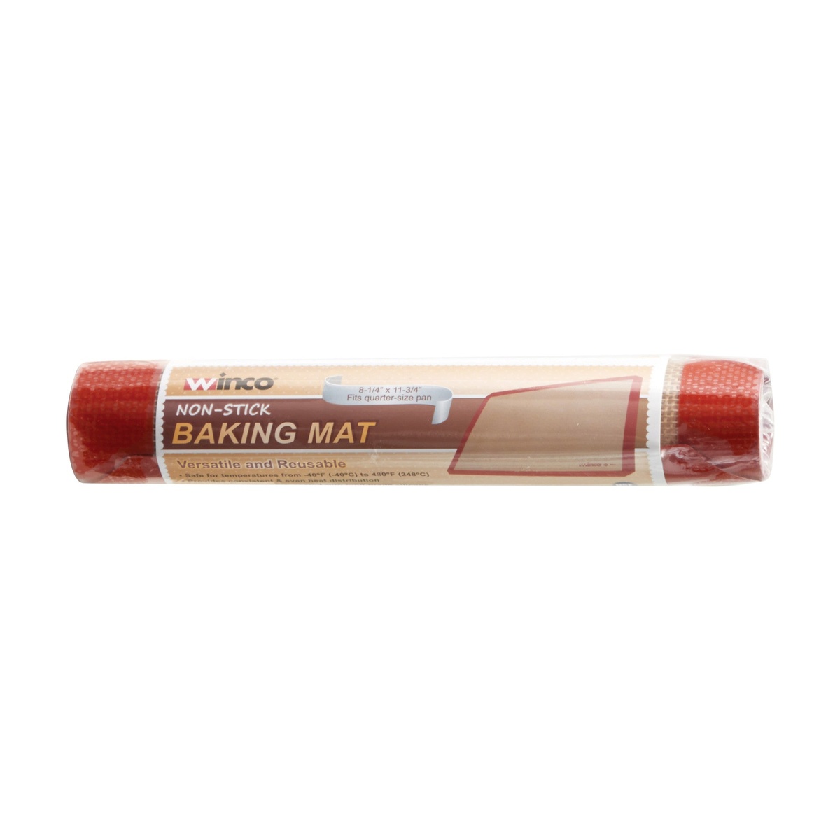 Winco SBS-11 silicone baking mat rolled up in original packaging showing non-stick baking mat label