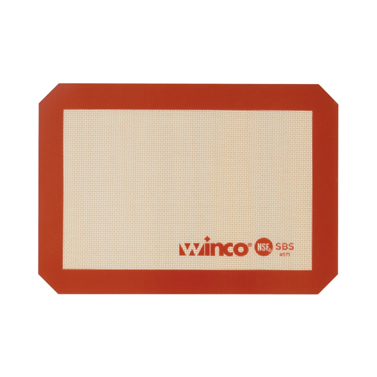 Winco SBS-11 quarter-size silicone baking mat flat view showing red silicone border and woven fiberglass center with NSF logo