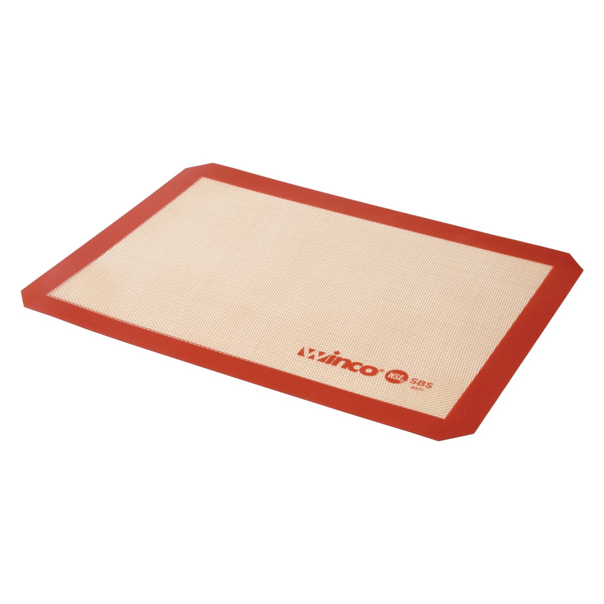 Winco SBS-16 silicone baking mat shown at an angle highlighting the red silicone border and textured baking surface