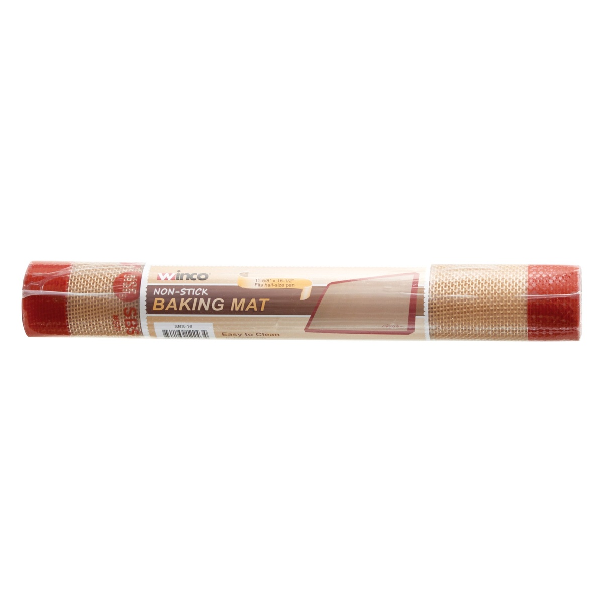 Winco SBS-16 non-stick baking mat rolled in retail packaging showing model number and easy to clean callout
