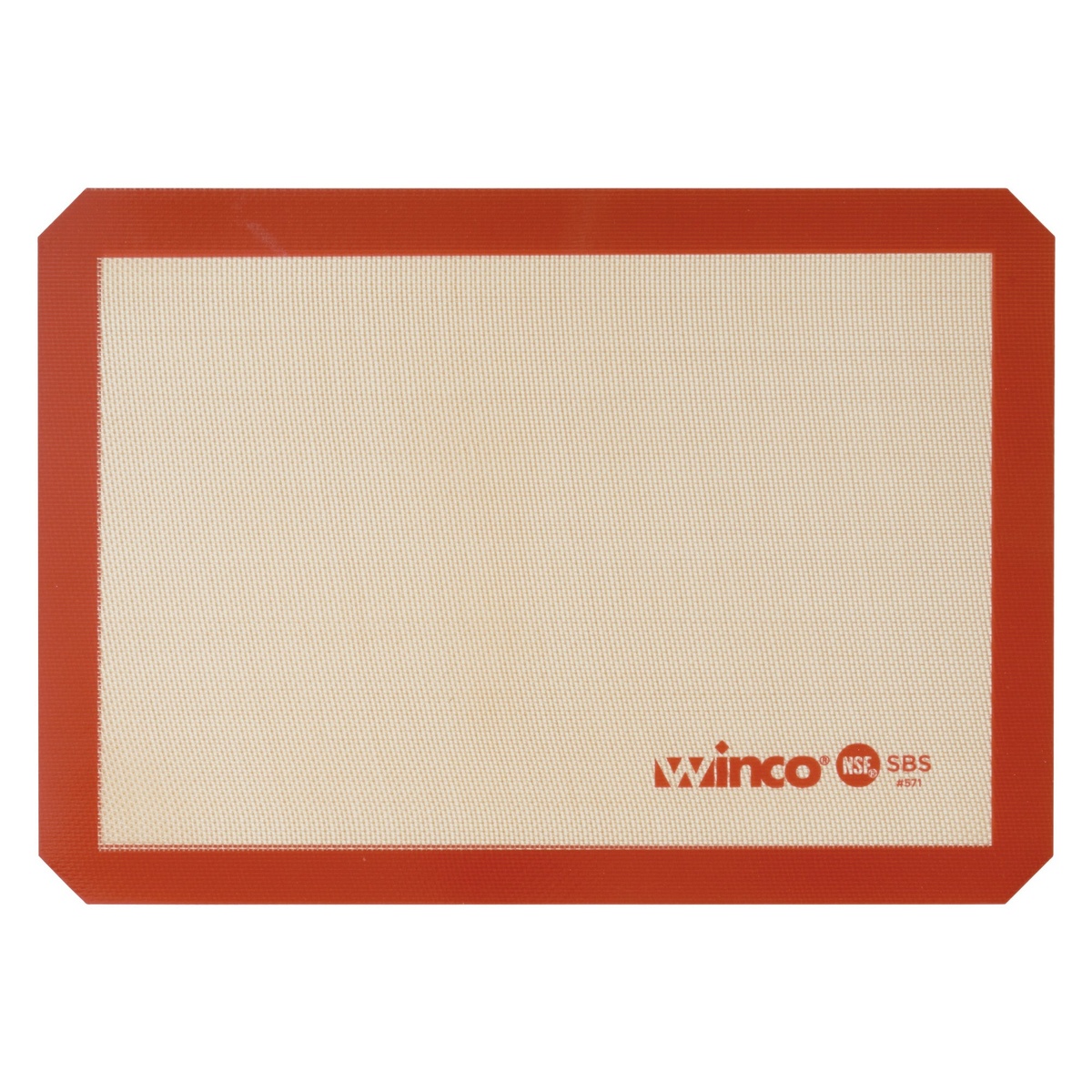 Winco SBS-16 silicone baking mat flat lay showing red border and beige woven fiberglass center surface