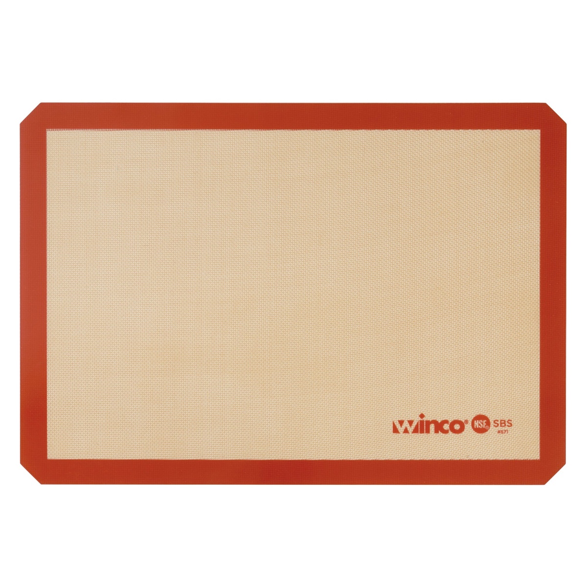 Winco SBS-21 silicone baking mat laid flat, showing red silicone border and tan fiberglass woven surface