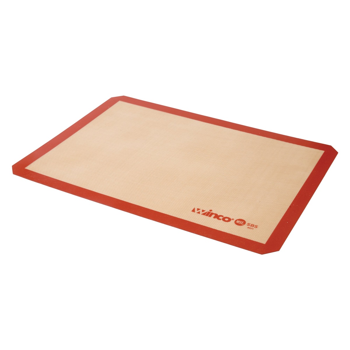 Winco SBS-21 silicone baking mat shown at an angle highlighting its red border and textured fiberglass surface