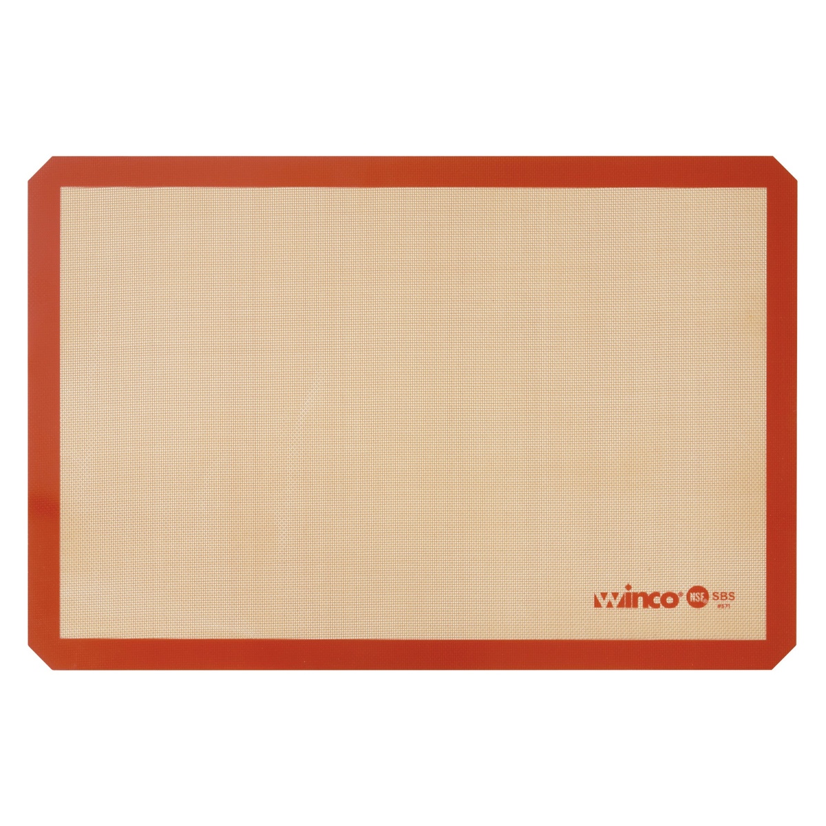 Winco SBS-24 full-size silicone baking mat flat lay showing tan fiberglass surface with red silicone border and NSF logo