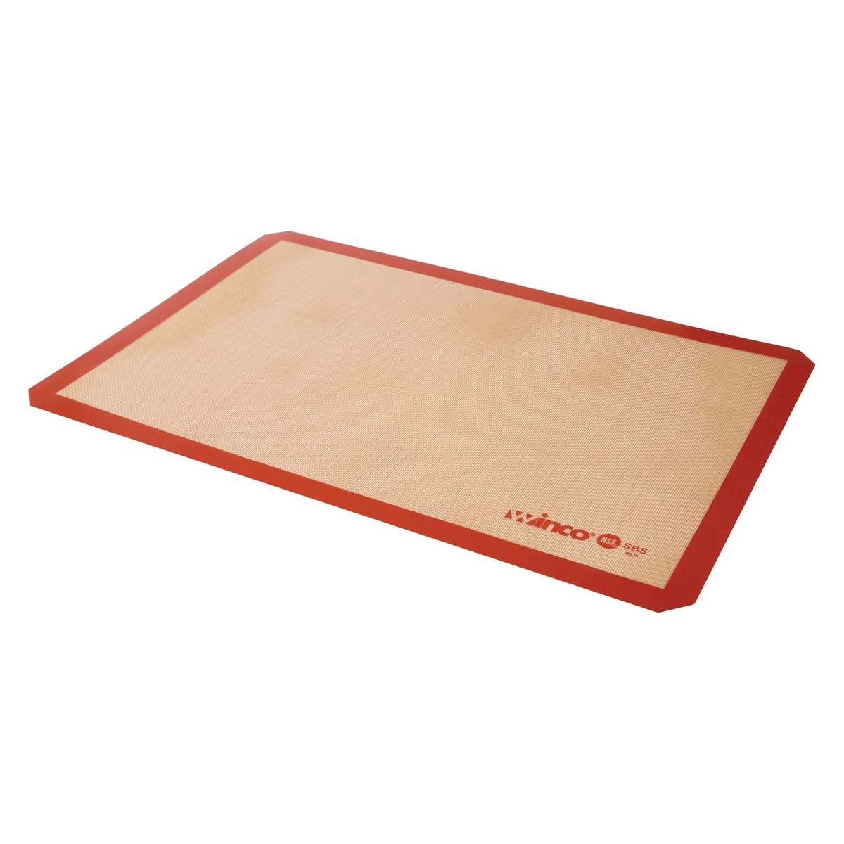 Winco SBS-24 silicone baking mat shown at an angle highlighting the red silicone border and woven tan surface texture