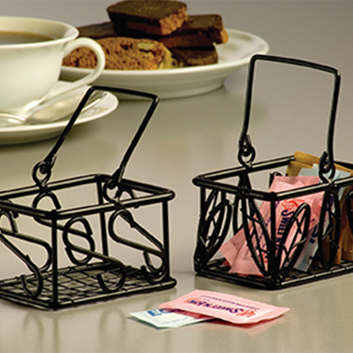 American Metalcraft SBS533 black wrought iron scroll sugar packet caddies with sugar packets