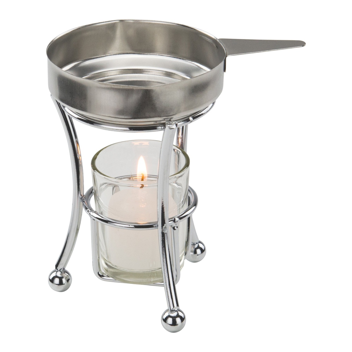 Winco SBW-35 four piece butter warmer set featuring a stainless steel pan, chrome stand, glass holder, and lit candle