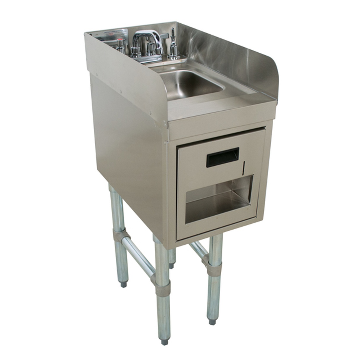 Advance Tabco SC-12-TS-S-X underbar hand sink showing 4-inch back and side splashes with soap and towel dispensers