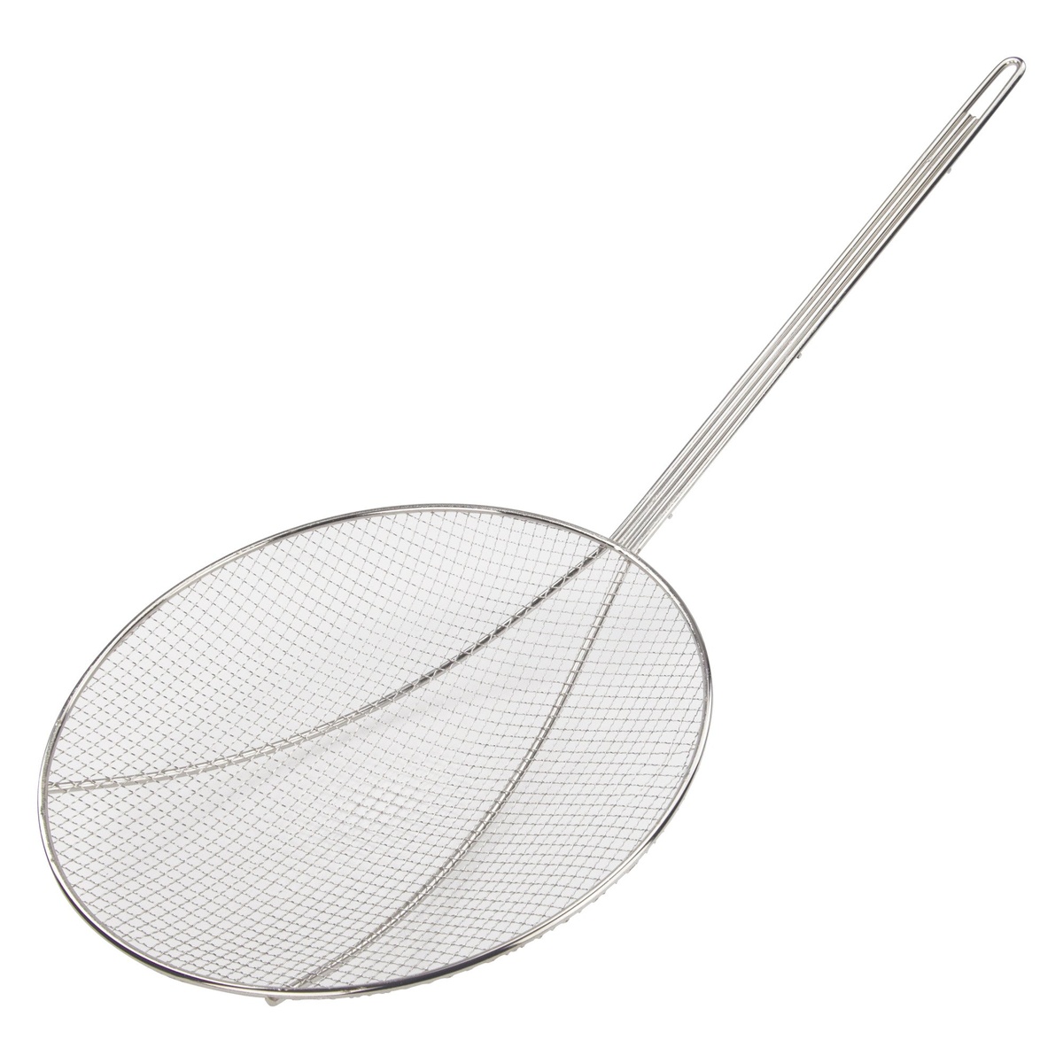 Winco SC-12R 12-inch round nickel-plated wire skimmer with long metal handle on white background