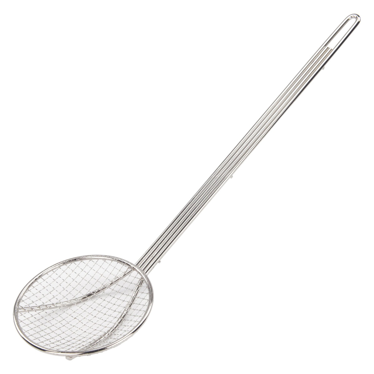Winco SC-5R nickel-plated round wire mesh skimmer with long metal handle, 5-inch diameter bowl