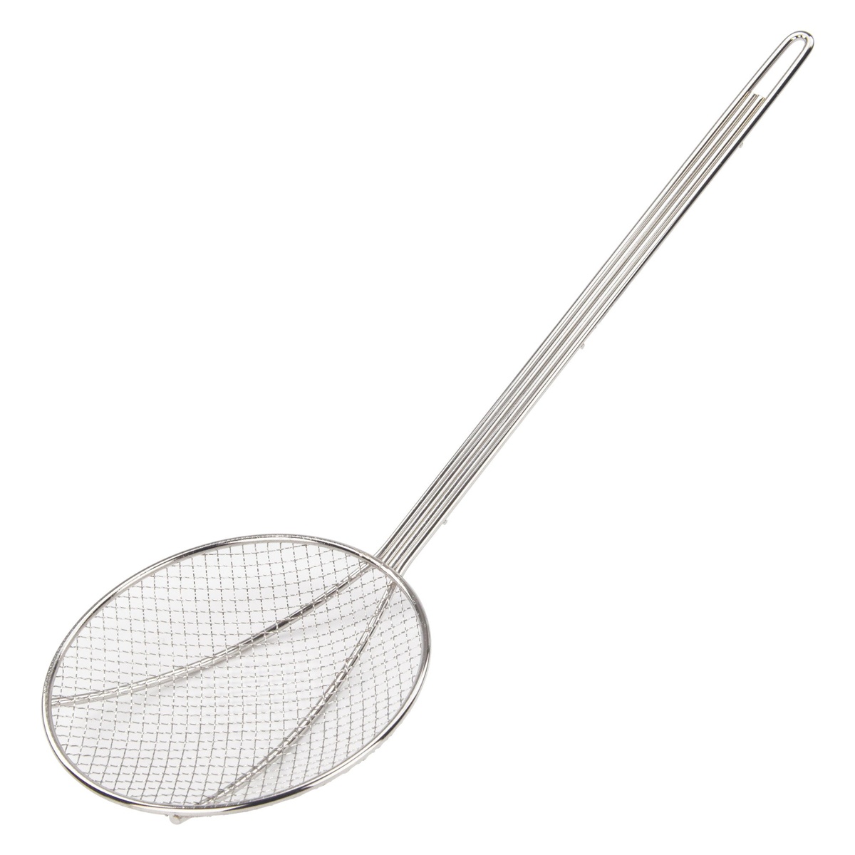 Winco SC-6R 6-inch round nickel-plated wire skimmer with 13-inch wire handle on white background