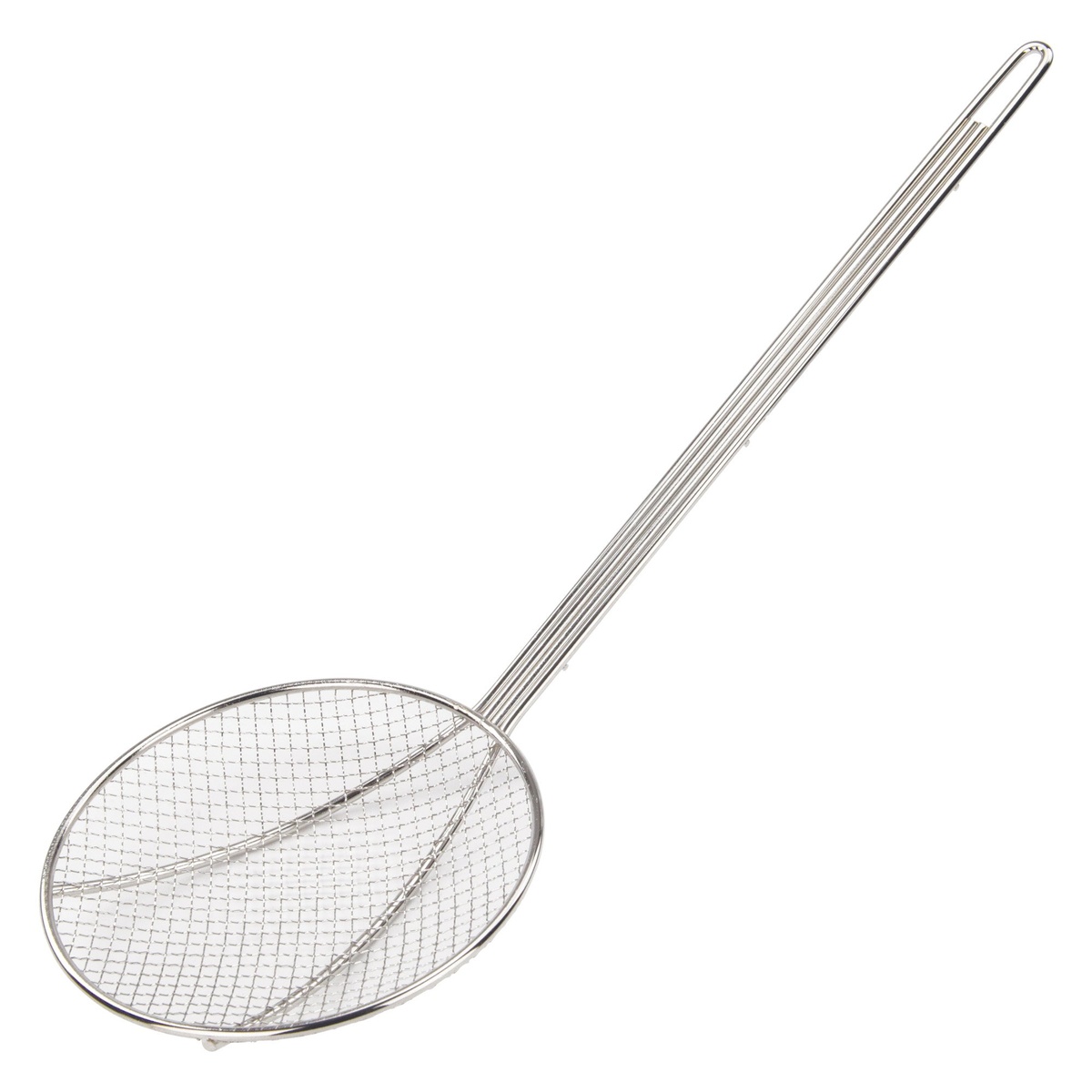 Winco SC-7R 7-inch round nickel-plated wire skimmer with long metal handle on white background