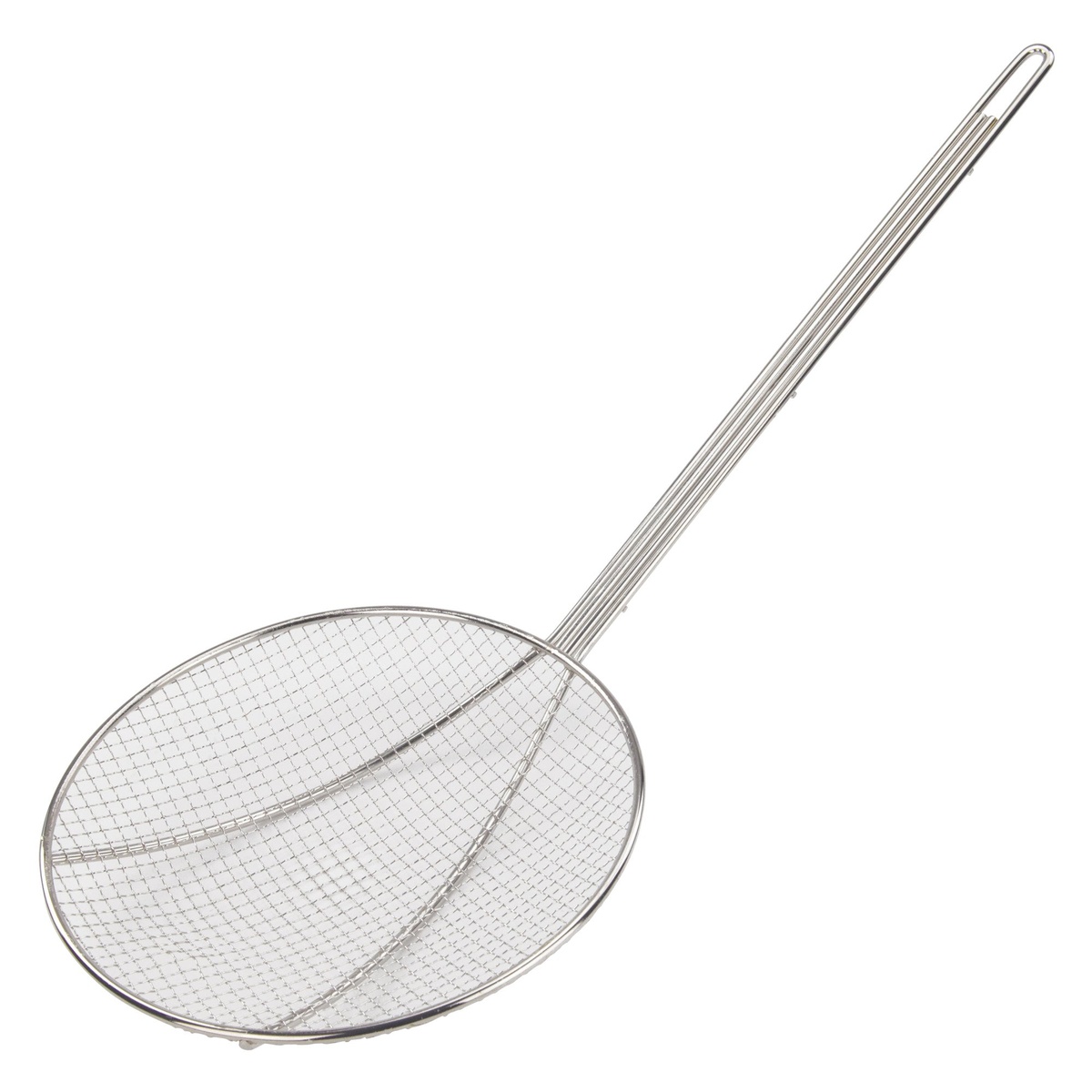 Winco SC-8R 8-inch round nickel-plated wire mesh skimmer with long wire handle on white background